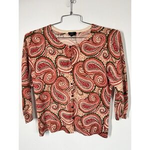 Talbots Women's Button Up Paisley Cardigan 3/4 Sleeves 100% Merino Wool‎ Size M